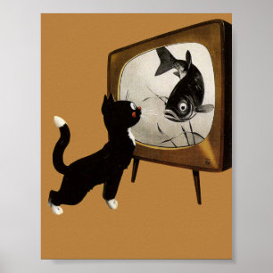 Póster Gato lindo viendo el afiche de la TV vintage