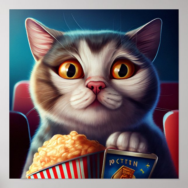 Póster Gato lindo viendo una película con palomitas de ma (Frente)