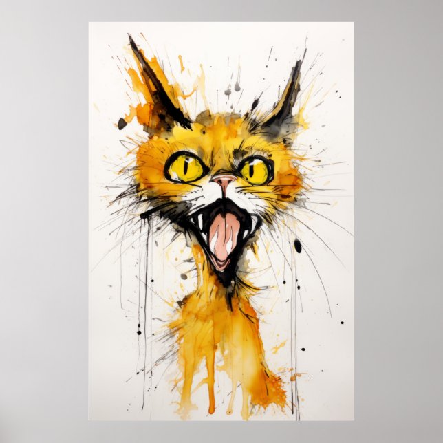 Póster Gato loco al estilo de Ralph Steadman: amarillo C (Frente)