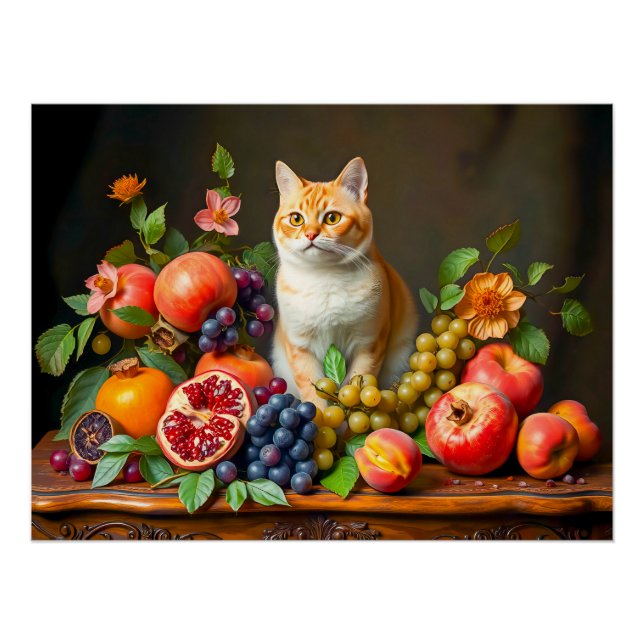 Póster Gato Maestro entre frutas y flores (Anverso)