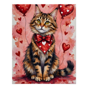 Póster Gato Maine Coon San Valentín Sentado con Corazones