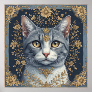 Póster Gato majestuoso con detalles florales dorados orna
