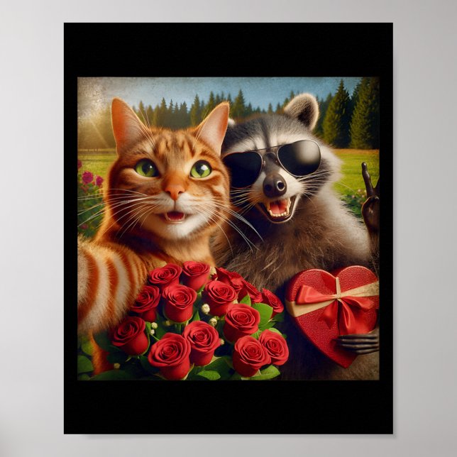 Póster Gato Mapache Divertido San Valentín Meme Selfie Ta (Frente)