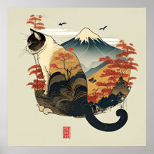 Gato marrón con Poster del Monte Fuji