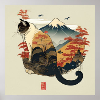 Póster Gato marrón con Poster del Monte Fuji