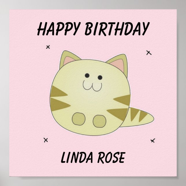Póster Gato marrón lindo patrón rosa feliz cumpleaños (Frente)
