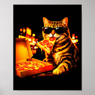 Póster Gato meme divertido con gafas de sol come pizza