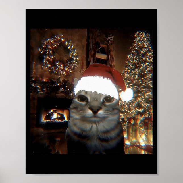 Póster Gato Meme Divertido Tomando Selfie Navidad Luces D (Frente)