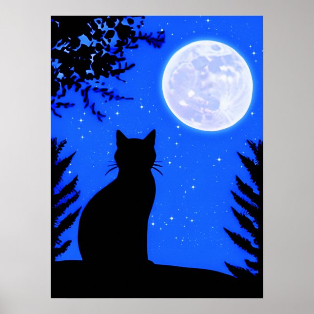 Póster Gato mirando a la luna llena (Frente)
