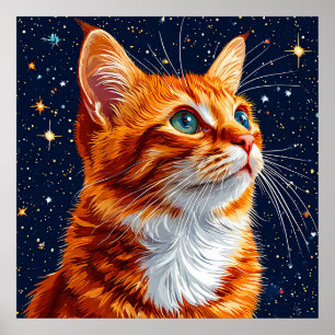 Póster Gato mirando en un cielo estrellado de noche cósmi
