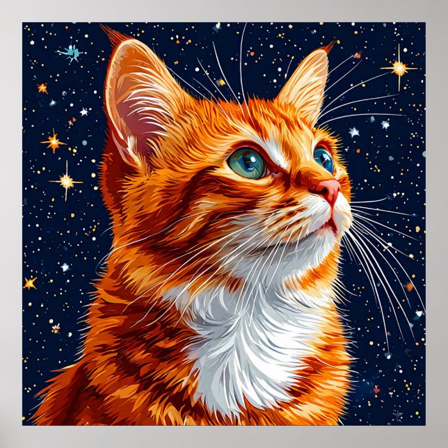 Póster Gato mirando en un cielo estrellado de noche cósmi (Frente)