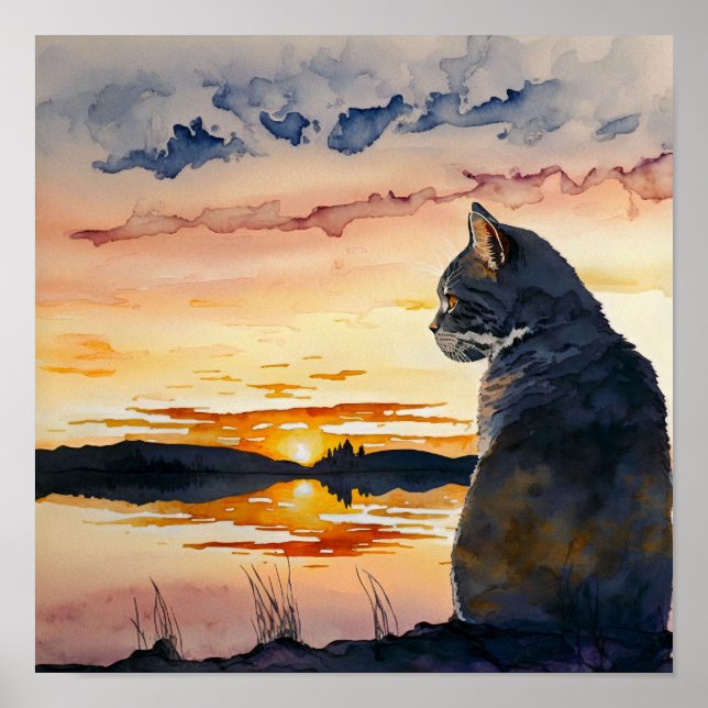 Póster Gato Mirando La Acuarela De La Puesta Del Sol (Frente)