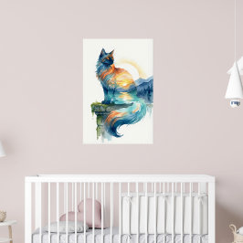 Póster Gato místico de puesta de sol Doble exposición Acu