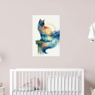 Póster Gato místico de puesta de sol Doble exposición Acu