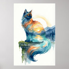 Póster Gato místico de puesta de sol Doble exposición Acu