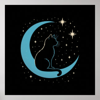 Póster Gato Místico en el Cielo Nocturno de Luna Azul