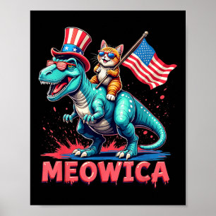 Póster Gato Montando Dinosaurio 4 De Julio Meowica Americ