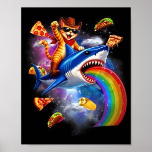 Póster Gato montando tiburón pizza arcoíris taco galaxia