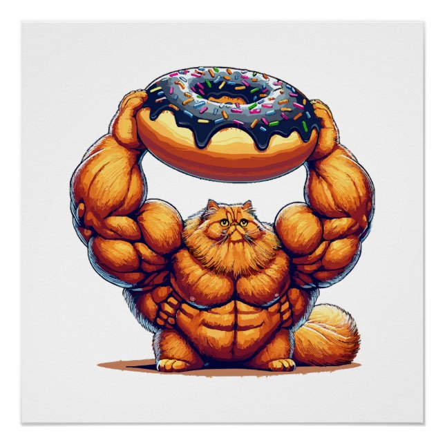 Póster Gato musculoso levantando donut (Anverso)