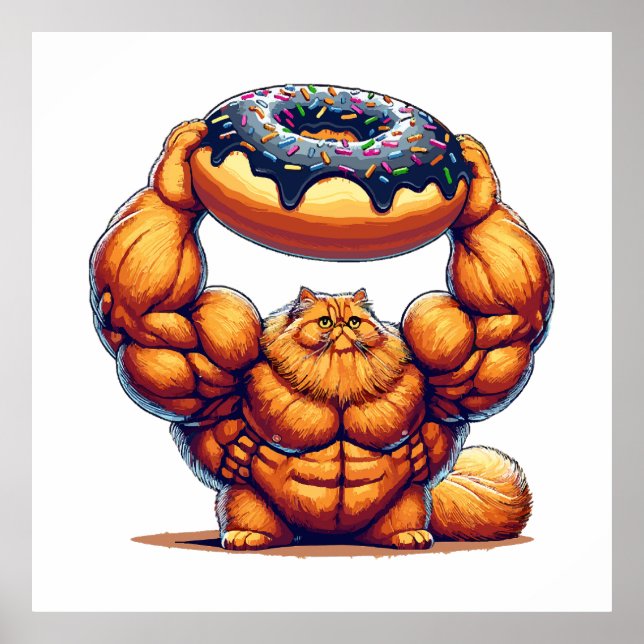 Póster Gato Musculoso Levantando Donut (Frente)