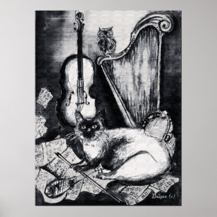 Póster GATO MUSICAL, BÚHO, VIOLÍN, ARPA Negro Blanco Gris