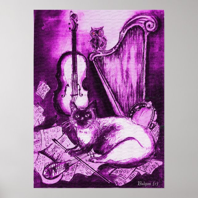 Póster GATO MUSICAL, morado y blanco (Frente)