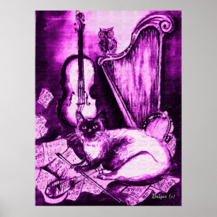 Póster GATO MUSICAL ,Púrpura y Blanco