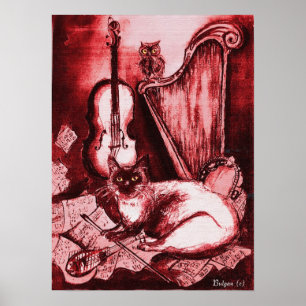 Póster GATO MUSICAL, rojo y blanco