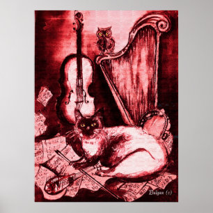Póster GATO MUSICAL, rojo y blanco
