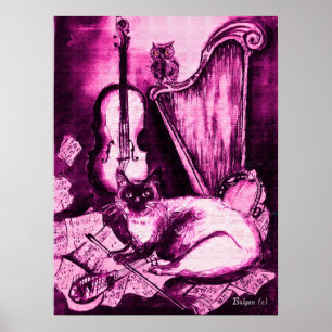 Póster GATO MUSICAL ,Violeta y Blanco Pálido