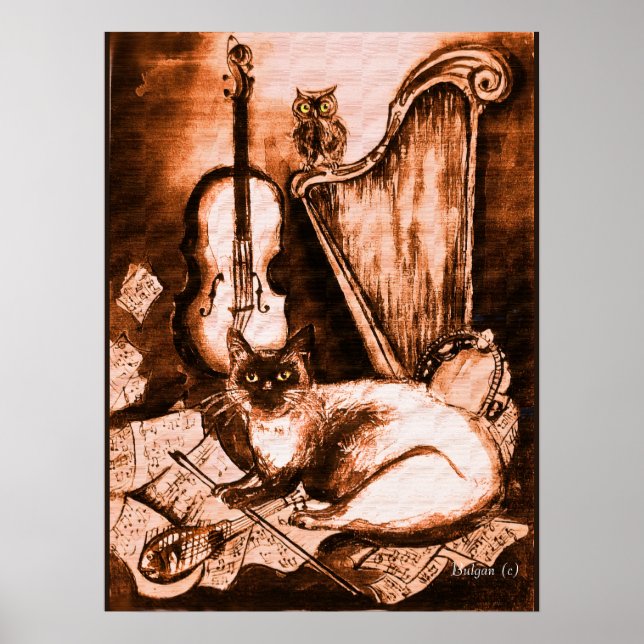 Póster GATO MUSICAL Y BÚHO ,Marrón y Blanco (Frente)