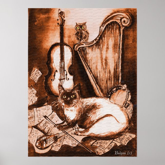 Póster GATO MUSICAL Y OWL, marrón y blanco (Frente)