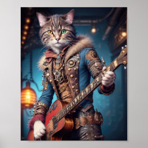 Póster Gato músico con vestido steampunk azul tocando la