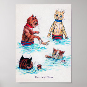 Póster Gato nadando en la playa, Louis Wain.