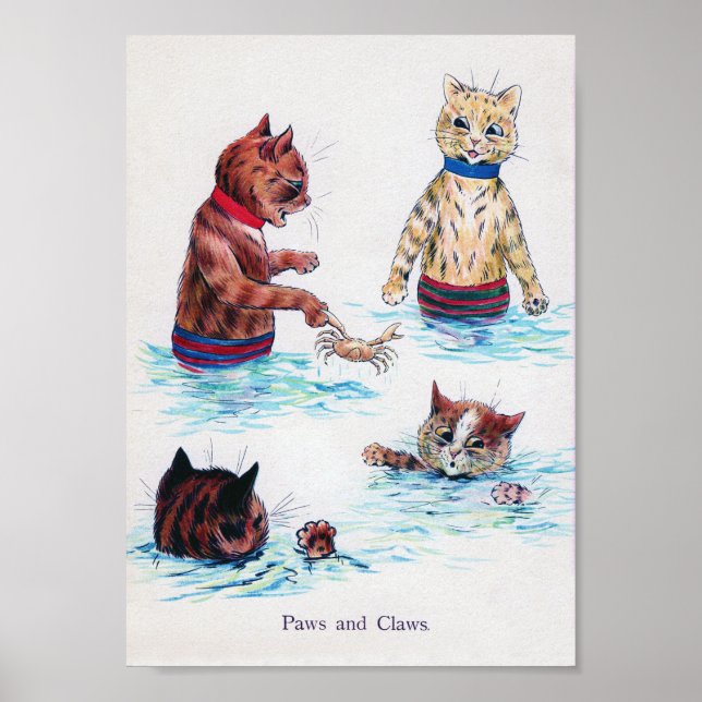 Póster Gato nadando en la playa, Louis Wain. (Frente)