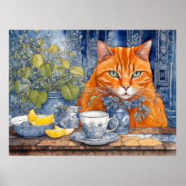 Póster Gato Naranja acuarela con té limón