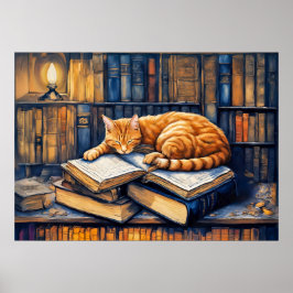 Póster Gato Naranja acuarela durmiendo en libros