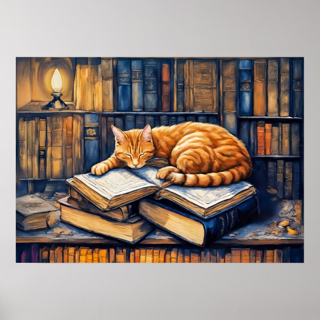 Póster Gato Naranja acuarela durmiendo en libros (Frente)
