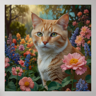 Póster Gato naranja blanco bonito en jardín floral