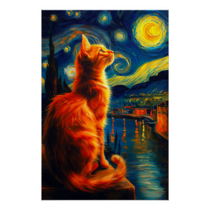 Póster Gato Naranja Contemplativo Cielo Nocturno Estrel