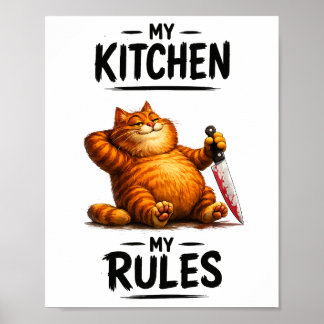 Póster Gato Naranja Divertido con Cuchillo Mi Cocina Mis
