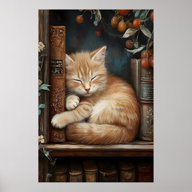 Póster Gato Naranja Durmiendo sobre Libros Imprimir, Dark (Frente)
