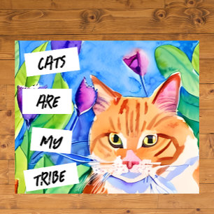 Póster Gato naranja en acuarela linda y flores bonitas