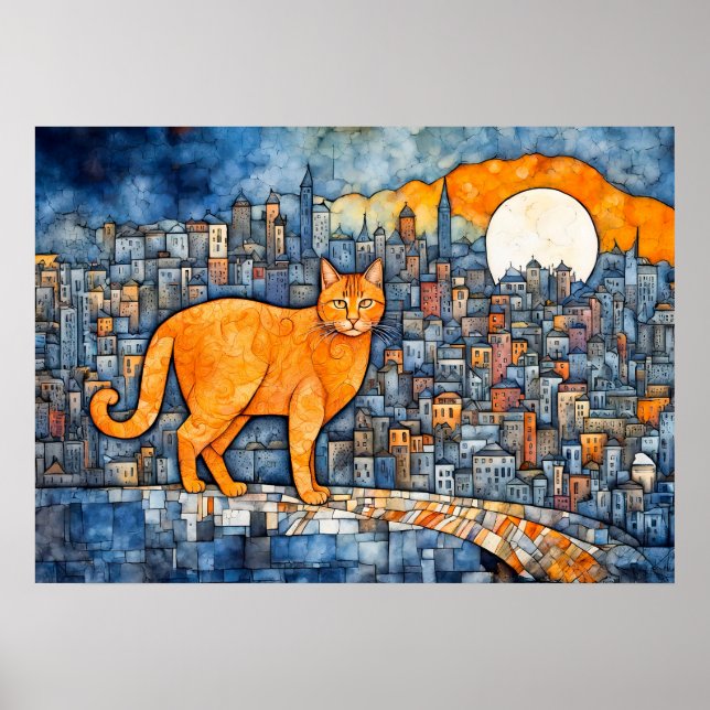 Póster Gato naranja en acuarela urbana de atardecer (Frente)