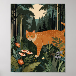 Póster gato naranja en el bosque