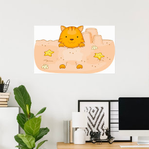 Póster Gato Naranja en Escena de Playa de Castillo de Are