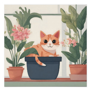 Póster Gato naranja en una olla de flores