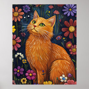 Póster Gato naranja entre flores coloridas