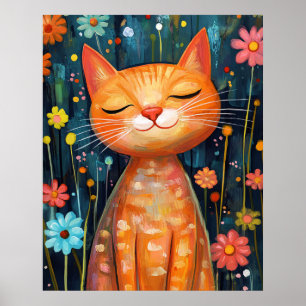 Póster Gato Naranja Feliz Flores Caprichosas