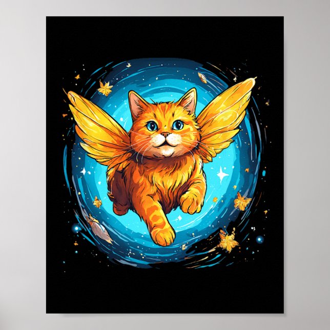 Póster Gato naranja Ginger con alas mariposa en el espaci (Frente)